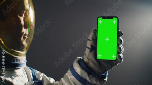 Astronaut in Space Suit Holding a Green Screen Smartphone for Digital Content