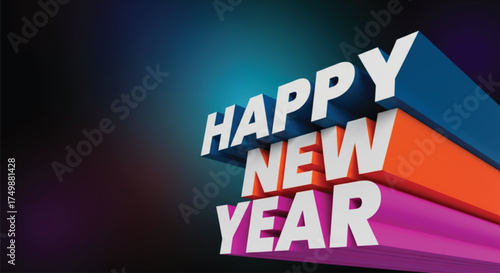 A vibrant 3D rendering showcases 'Happy New Year' in bold white letters, set against a colorful gradient backdrop, evoking a sense of celebration and festive cheer.