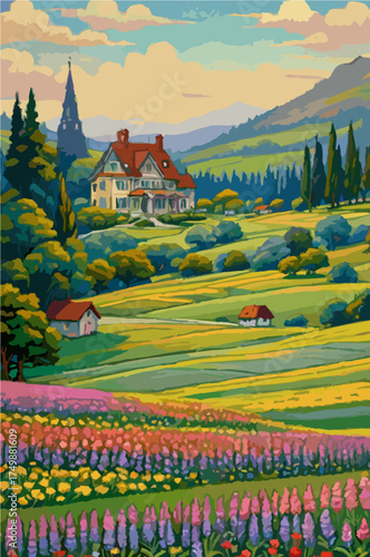 Colorful flower fields under blue sky