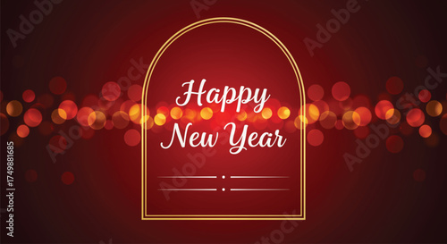 A festive illustration showcasing a golden frame with 'Happy New Year' wishes, set against a red background adorned with bokeh lights, perfect for seasonal greetings.