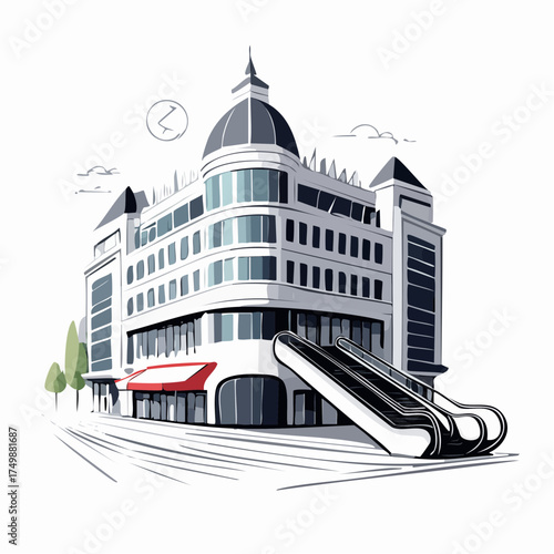 Architectural illustration of a modern building with escalator