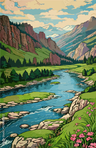 Flowing river between cliffs and wildflowers