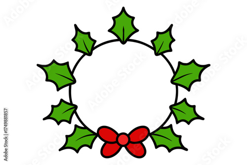 Christmas Holly Berry Round Wreath Outline Vector