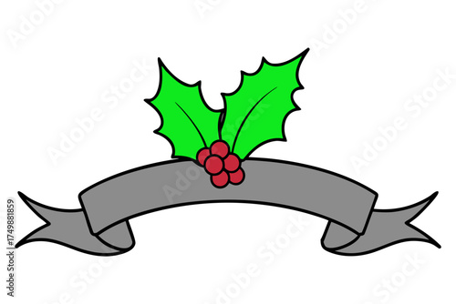 Christmas Ribbon and Holly Berry Leaves Border Silhouette