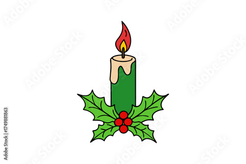 Christmas Candle with Holly Berry Leaves Silhouette