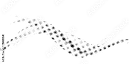 Flowing dots particles wave pattern 3D curve halftone black gradient curve shape isolated on white background. Vector in concept of technology, science, music, modern