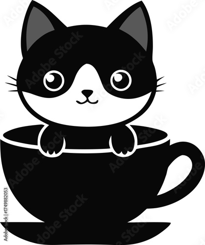 Cute Cat Sitting in a Coffee Cup Black and White