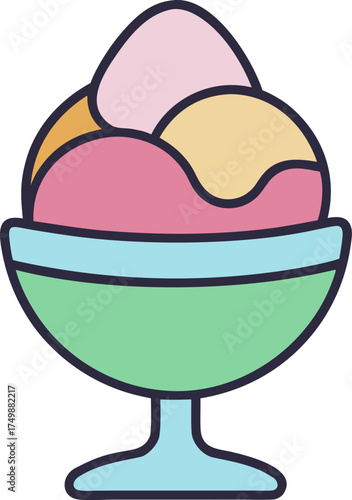 Stylish Color Ice Cream in Glass Bowl Doodle Vector