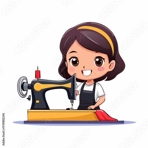 Cartoon tailor sewing machine illustration on white background