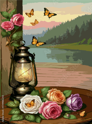 Vintage still life with roses and vase