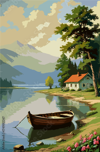 Wooden rowboat by calm mountain lake