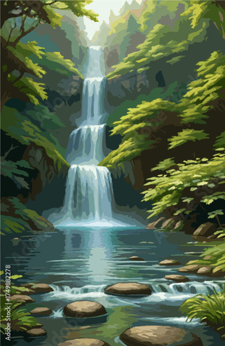 Tropical waterfall in deep green jungle