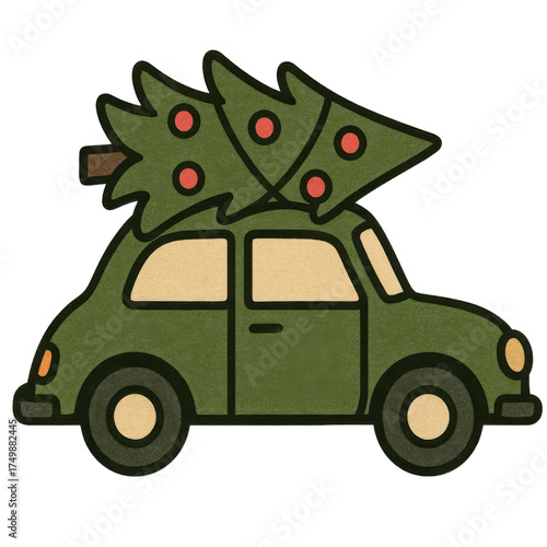 Green car carrying decorated Christmas tree on top