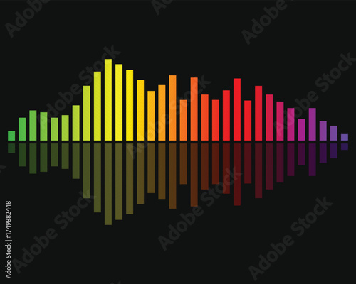Colorful rainbow sound equalizer bars with reflection on black background. Vibrant audio wave spectrum design perfect for music, DJ, and party visuals. Futuristic digital rhythm vector illustration fo