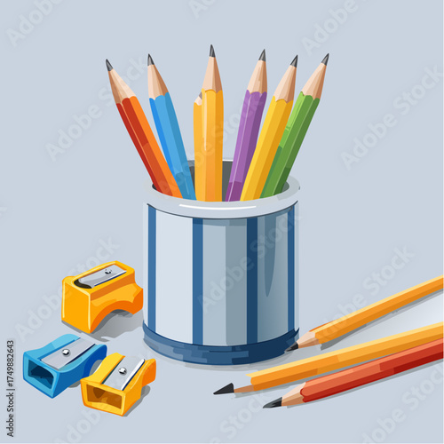 Collection of colorful pencils inside a container with pencil sharpeners
