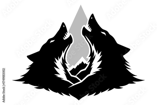 Two Wolves Howling in Mountain Circle Silhouette