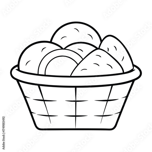 A charming coloring page featuring a basket full of fresh bread loaves, ready to color with warm tones, perfect for food lovers and cozy kitchen art.
