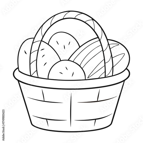 A charming coloring page featuring a basket full of fresh bread loaves, ready to color with warm tones, perfect for food lovers and cozy kitchen art.
