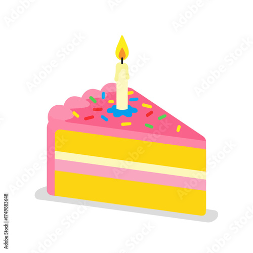 A delicious slice of pink birthday cake with a lit candle.