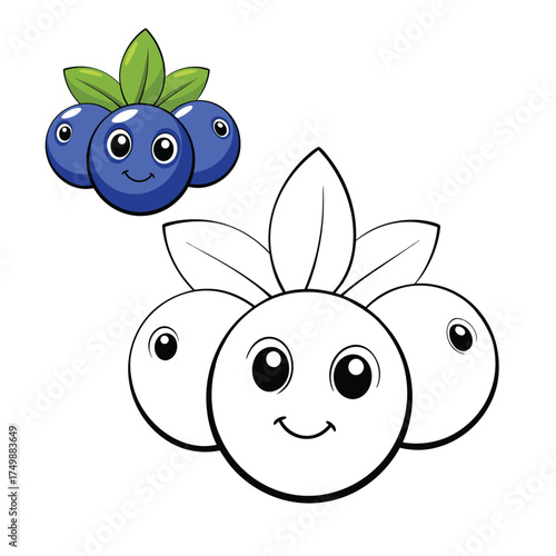 A delightful blueberries coloring page featuring plump berries on leafy stems, perfect for adding vibrant blues and greens with fun, creative coloring.
