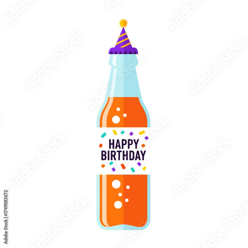 Happy Birthday Bottle with Party Hat and Confetti.