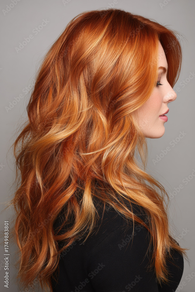 Obraz premium Shiny copper and peach toned long hair, glowing warmly with radiant highlights