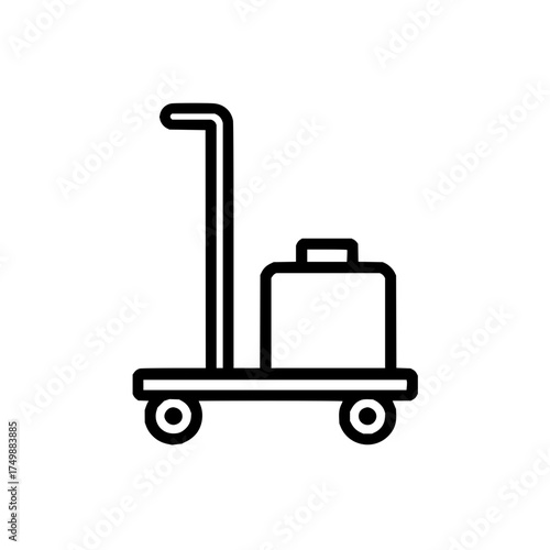 Illustration of a luggage cart with a suitcase on top in black outline on a white background design view