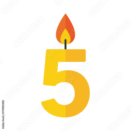Number 5 shaped birthday candle with a burning flame.