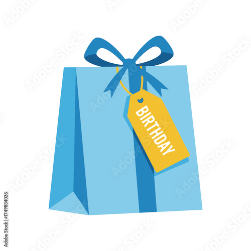 A blue gift bag with a yellow birthday tag and blue ribbon.