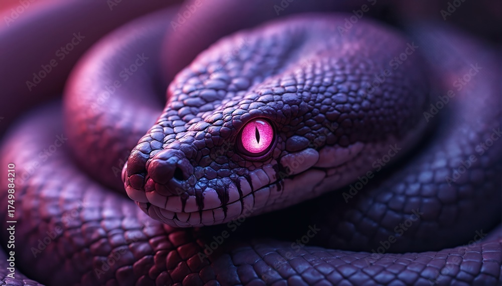 Fototapeta premium Close up illustration of purple snake with pink eye. Reptile coiled. Animal skin texture scales. Concept for danger fear mystery. Perfect for article nature presentation project. Snake lurks in dark.