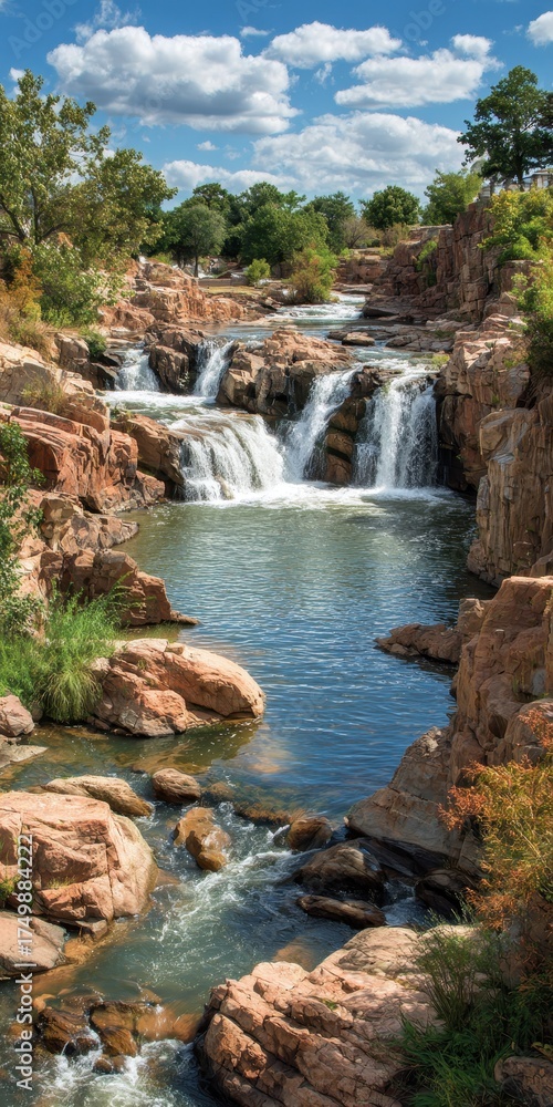 Obraz premium Serene Essence of Wichita Falls: Captivating Waterfall Surrounded by Lush Nature and Rocky Landscape