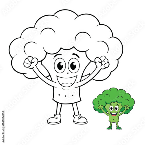 Cheerful cartoon broccoli stands with a big smile, raising both hands high in excitement. Its fluffy green top and friendly eyes make it a fun and lively coloring page.
