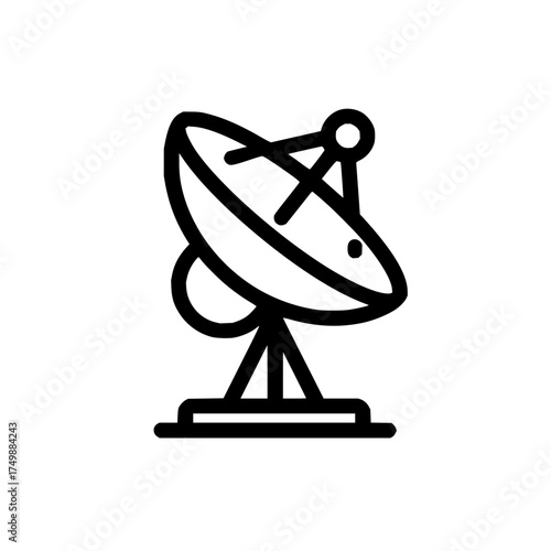 Illustration of a satellite dish antenna with a round receiver on a tripod stand in black outline