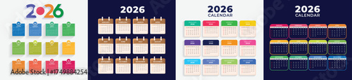 Colorful Yearly 2026 Calendar Template,  Set of calendars for 2026,