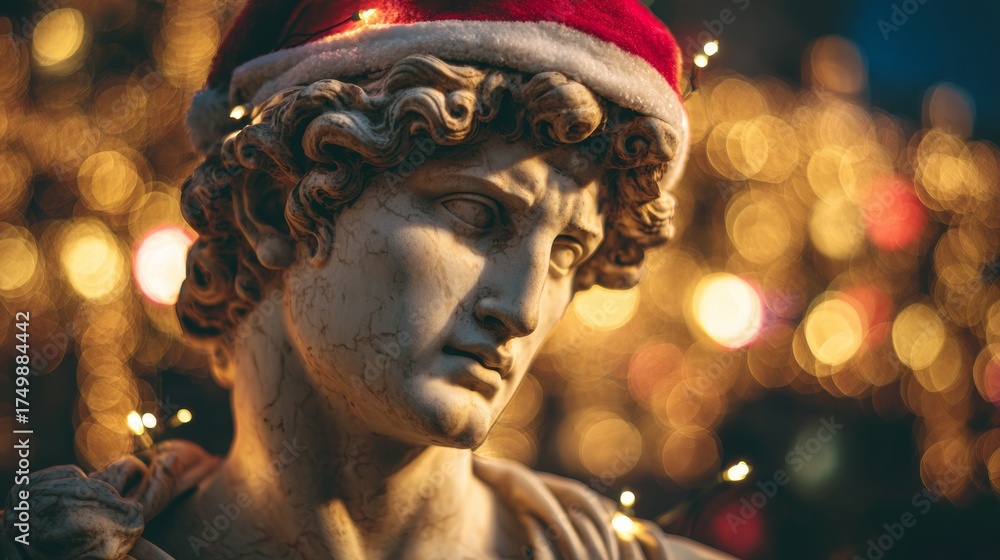 Fototapeta premium Greek plaster statue with a Christmas hat and Christmas lights in the background