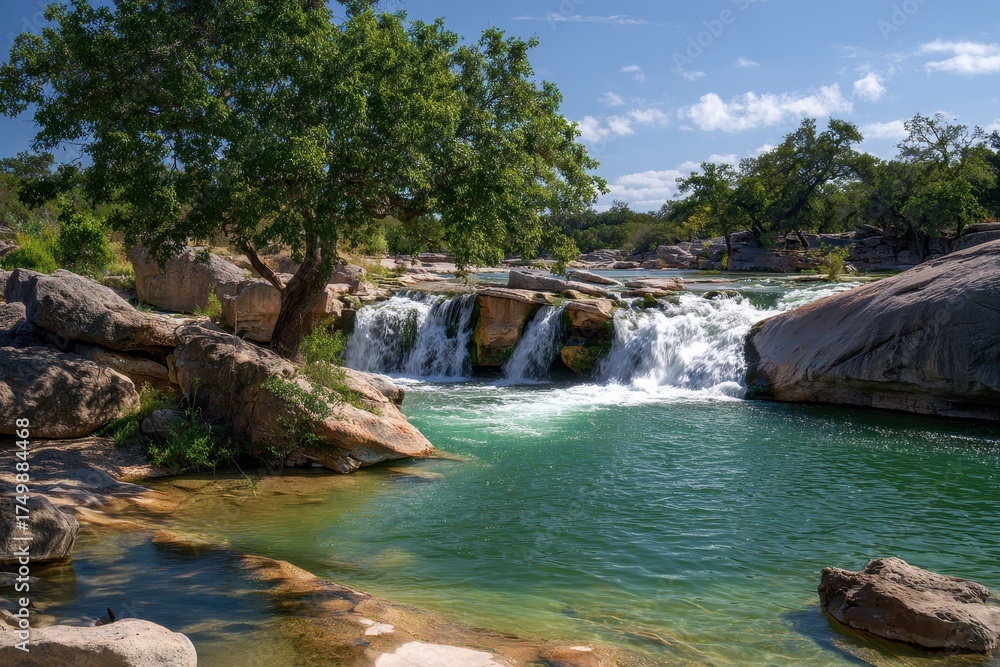 Naklejka premium Pedernales Falls: A Spectacular Texas Waterfall Surrounded by Lush Greenery and Scenic River Views