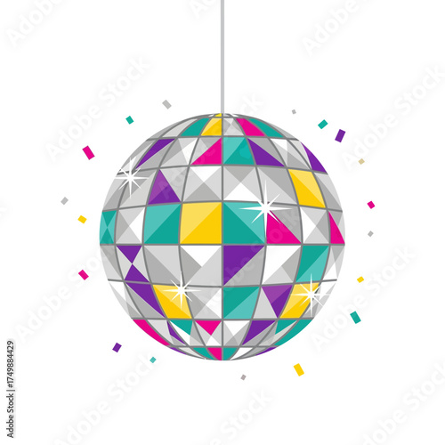 Colorful sparkling disco ball with confetti for party celebration.