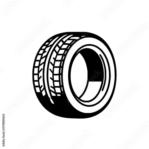 Illustration of a black and white tire with tread pattern and rim visible on a white background image