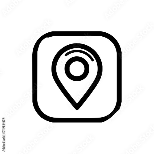 Black outlined location pin icon inside a rounded square representing navigation and geographical positioning
