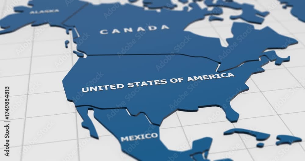 close-up 3d map of united states of america (usa) and north america region 4k animation