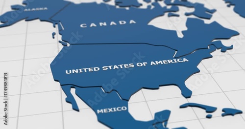 close-up 3d map of united states of america (usa) and north america region 4k animation