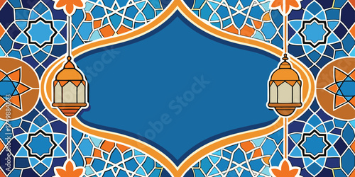 Elegant Islamic decorative background with colorful geometric mosaic patterns at the bottom, featuring blue, orange, and white floral tile designs