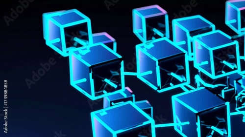Abstract representation of interconnected glowing blue cubes forming a digital network or blockchain structure on a dark background.