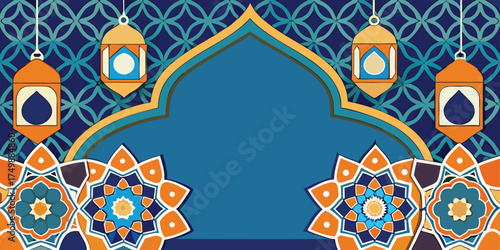 Elegant Islamic decorative background with colorful geometric mosaic patterns at the bottom, featuring blue, orange, and white floral tile designs