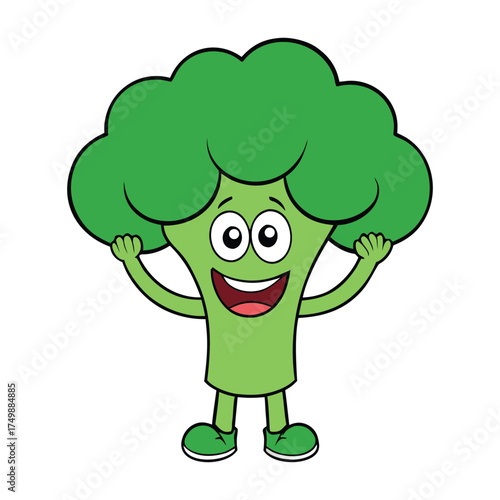 Cheerful cartoon broccoli with a big smile and wide eyes, raising his hands in excitement like he’s celebrating something fun and healthy, radiating joyful veggie vibes.
