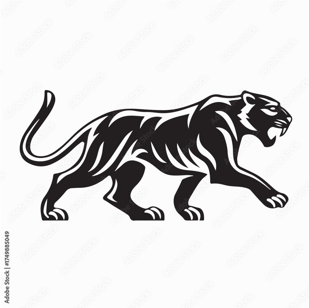 Obraz premium Walking tiger silhouette vector with open mouth roaring aggressive wild cat