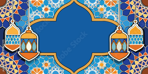 Elegant Islamic decorative background with colorful geometric mosaic patterns at the bottom, featuring blue, orange, and white floral tile designs