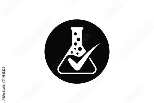 Chemical flask with a check mark symbol inside a black circle