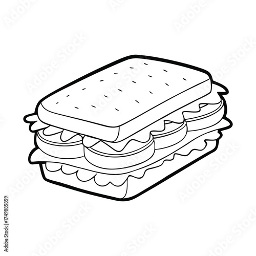 A fun sandwich coloring page featuring stacked bread slices, crisp lettuce, cheese, tomato, and deli layers. Simple outlines invite kids to color each tasty detail creatively.
