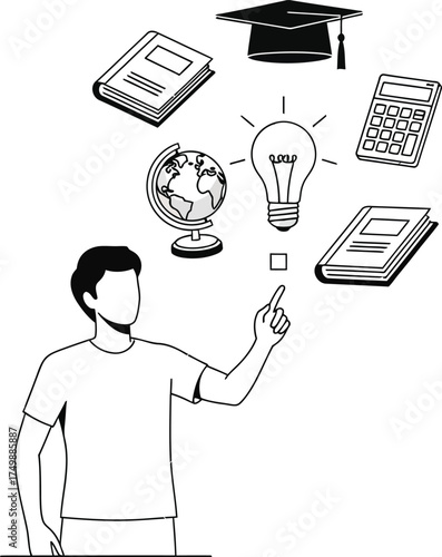 A person pointing at education and learning icons, including a graduation cap, books, a globe, a calculator, and a lightbulb, isolated on white background this illustration represents knowledge and ac